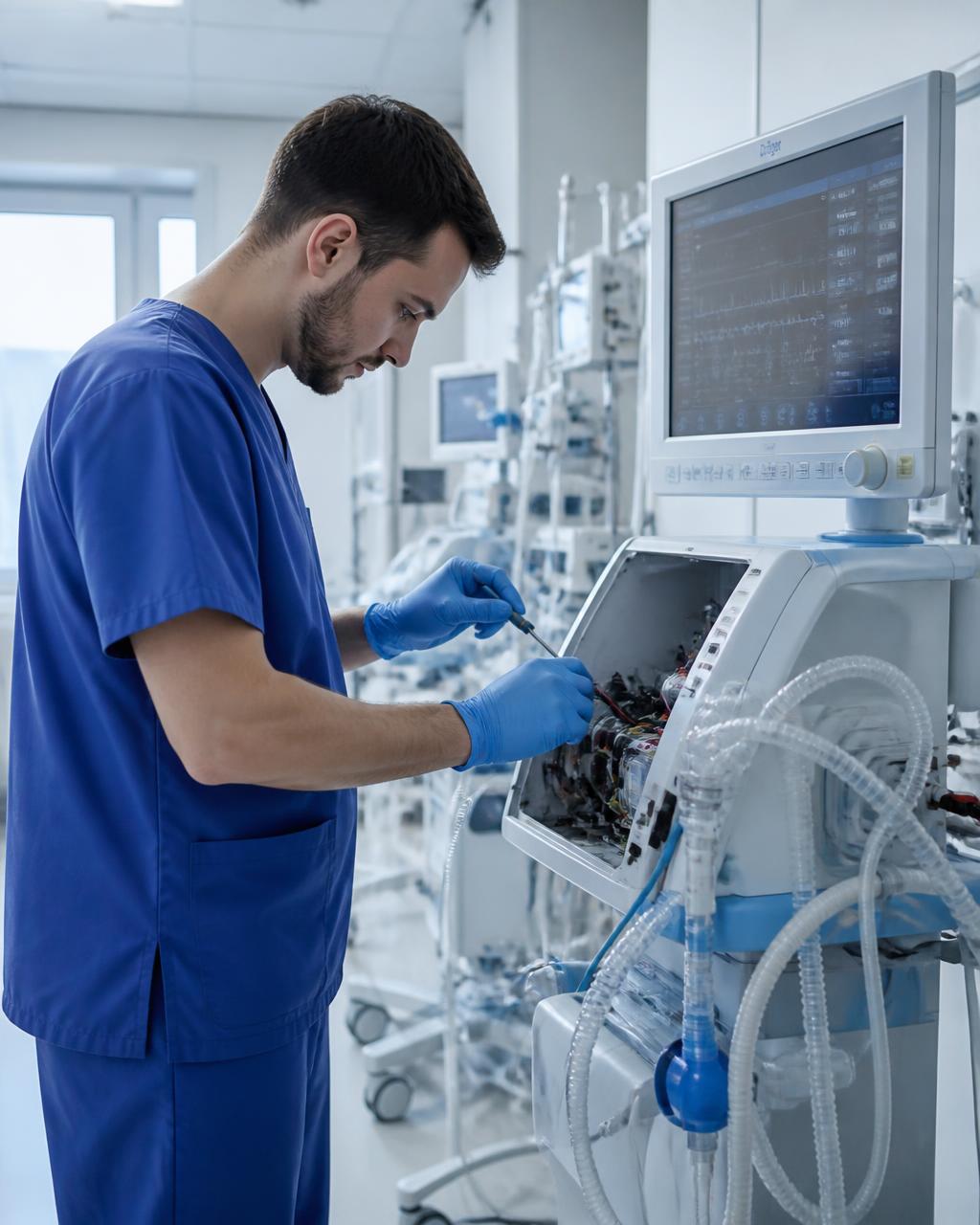 Técnico da Hospitalar Silvano realizando manutenção em equipamento hospitalar